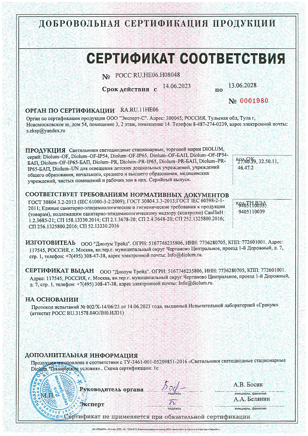 Сертификат соответствия СанПиН